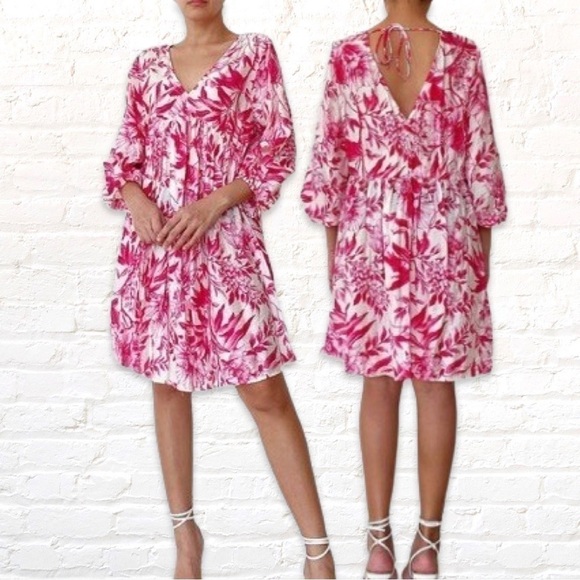 H&M Floral V-Neck Mini Dress Size Small Hot Pink White - Picture 1 of 10
